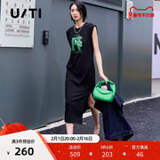 uti黑色撞色印花无袖连衣裙女 时尚设计感直筒裙尤缇2023夏季