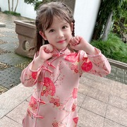 女童粉色长袖旗袍，2023年春季小女孩秋装，洋气中国风复古连衣裙