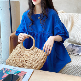 娃娃衫上衣女2024年夏季韩版圆领套头灯笼袖，蓬蓬高端纯色棉衬衫
