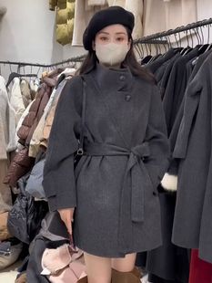 双面羊绒大衣女中长款秋冬系带立领，单排扣修身小个子羊毛呢子外套