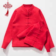 亲子装一家三口唐装红色，中国风网红新年全家福服装，冬装过年拜年服