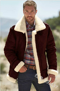 欧美民族服装男外套羊羔毛纯色(毛，纯色)修身翻领拉链外套冬季保暖长袖大衣