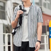 日系潮牌条纹男士短袖衬衫夏季韩版潮流薄款修身休闲免烫亚麻衬衣