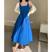 WANGXO 蓝色无袖吊带连衣裙女夏季2023年收腰显瘦长款A字伞裙