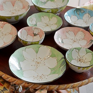 埃兰迪尔日本进口陶瓷餐具木莲花米饭碗面碗家用深盘子菜盘釉下彩