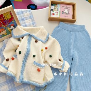 儿童秋款童装女孩彩色毛球毛衣短款外套宝宝针织衫直筒针织裤套装