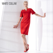 白领女士红色简约气质，显瘦宽吊带，露肩短袖礼服连衣裙masha22-305