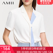 amii白色短袖雪纺衬衫女OL职业上衣设计感衬衣飘带夏季2024年