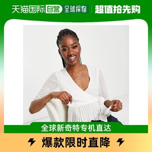 香港直邮潮奢 ASOS 女士设计织花裹式短袖褶裥收腰下摆米白色衫