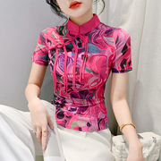 新中式国风盘扣t恤女长袖夏装时尚，印花流苏上衣修身网纱小衫