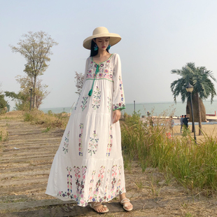 夏季大码女连衣裙长袖白色长裙海边沙滩度假旅游棉麻海滩名族风