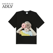 ADLV短袖黑白T恤纯棉韩国潮牌中长款宽松甜甜圈男孩男女情侣同款