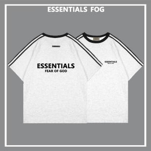 欧美潮牌fog主线前后植绒essentials字母，圆领短袖t恤三条杠情侣衫