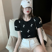 白色短袖t恤女h夏韩版设计感小众蝴蝶结修身纯色圆领短款上衣ins
