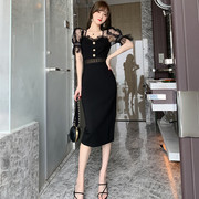 女装性感镂空蕾丝拼接修身包臀夏季时尚OL气质短袖黑色连衣裙