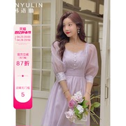 韩语琳2024春季优雅复古浅紫色方领收腰气质，连衣裙女中长款