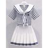 女童学院风套装夏季韩版儿童大童海军领条纹短袖上衣百褶裙两件套
