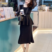 时尚气质黑色钉珠蕾丝拼接上衣+高腰包臀半裙套装女 2022年春