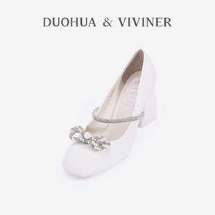 DV法式白色玛丽珍女鞋真丝胎牛皮春夏高跟单鞋DUOHUA&VIVINER