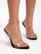 水台跨境罗马风凉鞋时尚，透明带露趾，水晶跟休闲大码高跟拖鞋女