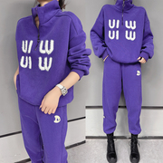卫衣套装女加绒加厚运动秋冬2023休闲时尚欧货紫色裤子两件套