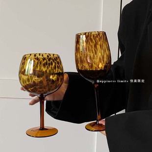 复古气场豹纹高脚杯玳瑁，中古vintage酒杯红酒杯子，高级感葡萄酒杯