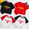 china儿童t恤五星红旗，标志男童女童爱国短袖纯棉，夏季表演童装班服