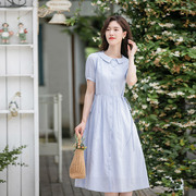 纻衣文艺蓝色夏季连衣裙女短袖中长款2024年收腰气质显瘦裙子