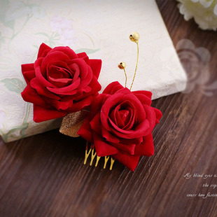 中式新娘秀禾造型红色玫瑰花朵头花盘发插梳饰品结婚头饰古典发饰