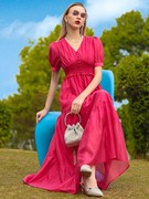 帝弗润驰气质女神范连衣裙2023夏季高级玫红色，设计感大摆长裙