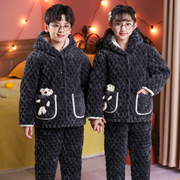 儿童睡衣冬季三层夹棉加厚法兰绒保暖套装，男女中大童珊瑚绒家居服