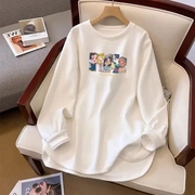 韩版oversize慵懒风白色纯棉长袖T恤2023秋季百搭气质中长款上衣