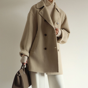 VB 法式时髦 纯色羊毛双排扣大衣双面尼显瘦羊驼绒外套高端风衣