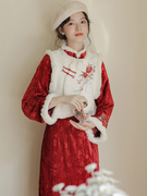 红色旗袍秋冬中式女装中国风马甲冬季2024国风套装新中式冬款