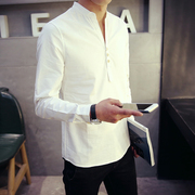 秋季男士长袖衬衫男潮流，休闲中国风男装立领白衬衣(白衬衣，)男打底寸衫上衣