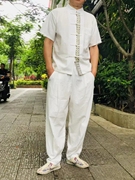 泰国男装棉麻t恤夏套装立领，白色宽松大码短袖体恤民族风复古上衣