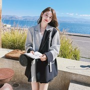 韩版宽松小香风拼接西装外套女短款2023春休闲设计感小众西服