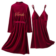 睡裙女春秋红色吊带睡衣2件套装晨袍新娘睡袍冬季金丝绒结婚浴袍