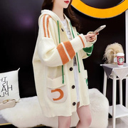 韩版带帽毛衣开衫女中长款2023年秋冬慵懒风加厚连帽针织外套