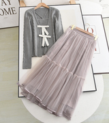 鸟+の一套入!时尚假两件蝴蝶结毛衣+粉色网纱半身裙两件套装
