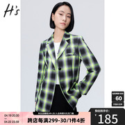hs奥莱西装外套2023秋季女装商场同款黑绿，格纹撞色单排扣西服