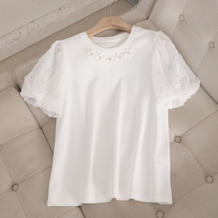 秋系~减龄设计感白色短袖T恤女2024夏季宽松休闲圆领钉珠上衣