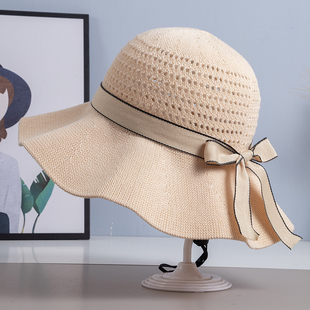 米色夏天棉麻镂空遮阳帽春季旅游防晒凉帽子女士洋气可折叠渔夫帽