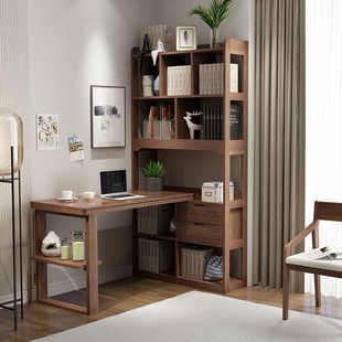 全实木书桌书架组合带书柜，一体简约现代卧室，书房转角写字台电脑桌
