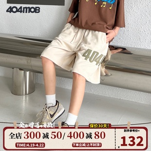 404mob高街卡其色休闲发泡印花短裤男潮牌，运动美式五分裤子夏薄款
