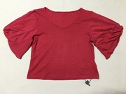 桃红色圆领泡泡宽松袖短款t恤上衣简约设计感舒适百搭