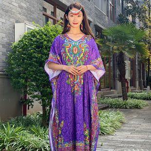 印度长袍子尼泊尔泰国重工钉珠蝙蝠衣短袖连衣裙宽松绣珠亮片