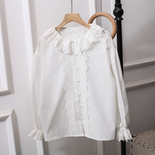 日系白衬衫女娃娃领设计感减龄百搭灯笼，袖蕾丝小个子宽松棉打底衫