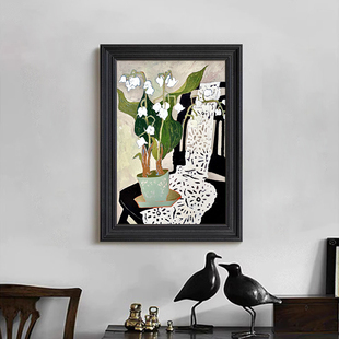 手绘油画马蒂斯静物客厅卧室装饰挂画法式黑白色花卉玄关桌面摆件