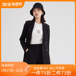 EMOO杨门2023秋季西装女一手长纯色中长款通勤黑色双排扣外套